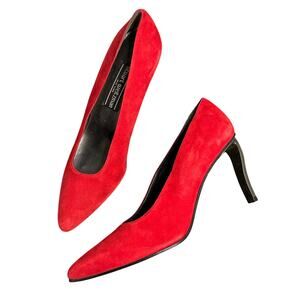 90s Vintage Stuart Weitzman Heels Cherry Red Suede Leather Pumps Pointed Toe 9.5